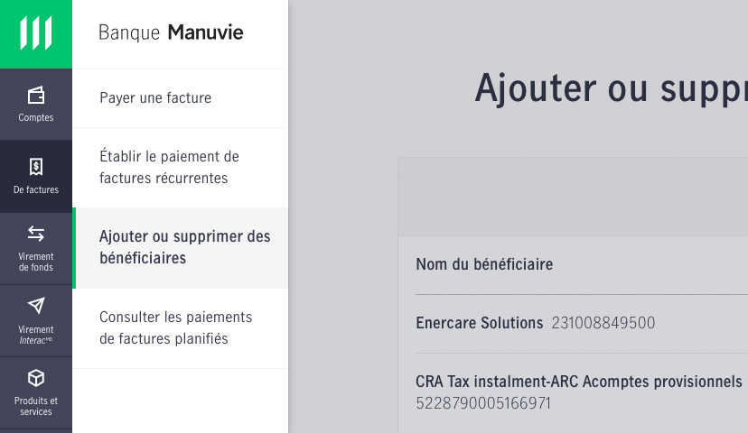 Capture d’écran montrant comment ajouter un nouveau bénéficiaire de paiement au moyen des services bancaires en ligne.