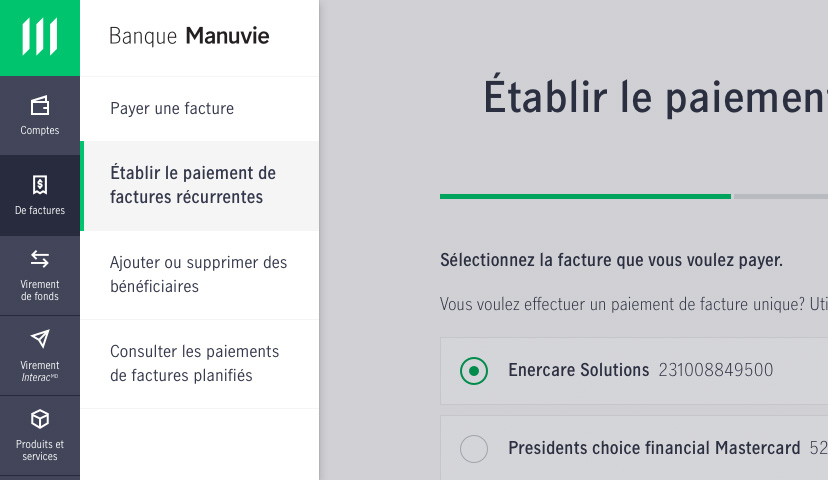 Capture d’écran montrant comment mettre en place le paiement automatique de factures périodiques au moyen des services bancaires en ligne.