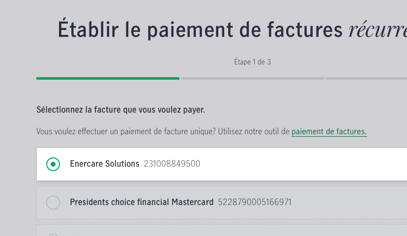 Capture d’écran montrant comment mettre en place le paiement automatique de factures périodiques au moyen des services bancaires en ligne.