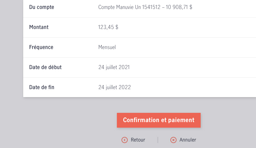 Capture d’écran montrant comment mettre en place le paiement automatique de factures périodiques au moyen des services bancaires en ligne.