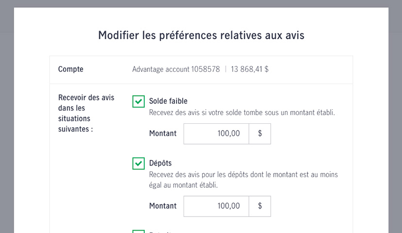 Saisie d’écran de la page des préférences relatives aux avis montrant les boîtes à cocher qu’un client peut utiliser pour sélectionner les avis qu’il souhaite recevoir concernant son compte.