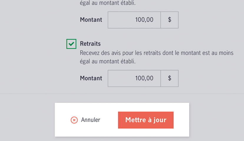 Saisie d’écran du bouton Mettre à jour qui permet d’activer les préférences du client et du bouton Annuler qui permet de réinitialiser les préférences du client aux valeurs précédentes. Ces deux boutons se trouvent dans le bas de la page des préférences relatives aux avis.