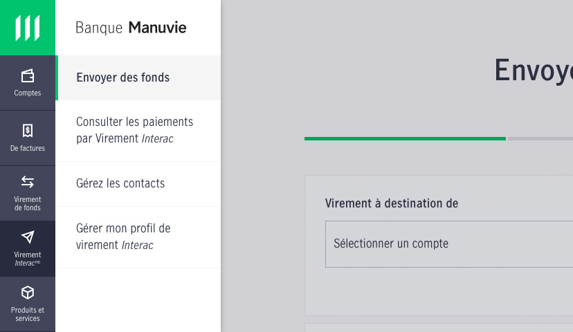 Capture d’écran montrant comment effectuer un virement Interac au moyen des services bancaires en ligne.