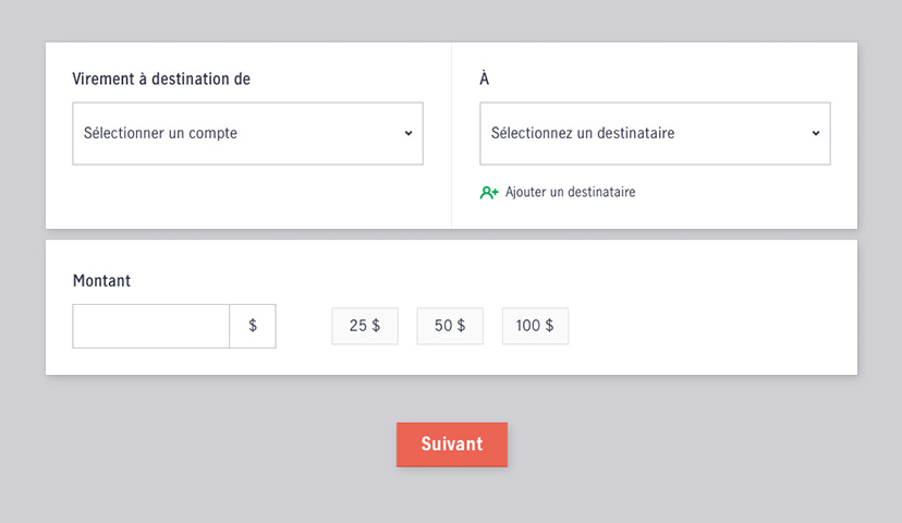 Capture d’écran montrant comment effectuer un virement Interac au moyen des services bancaires en ligne.